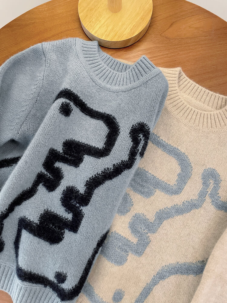 Kids Dinosaur Pattern Pure Cashmere Crewneck Pullover Sweater